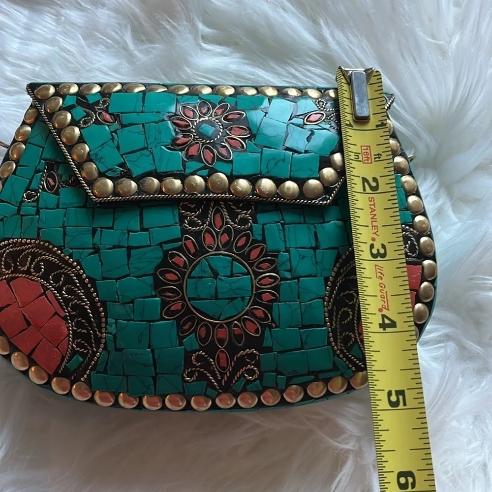 🆕 RAMLA Handmade Moroccan Turquoise Tile Mosaic Clutch Crossbody Bag Gold Chain